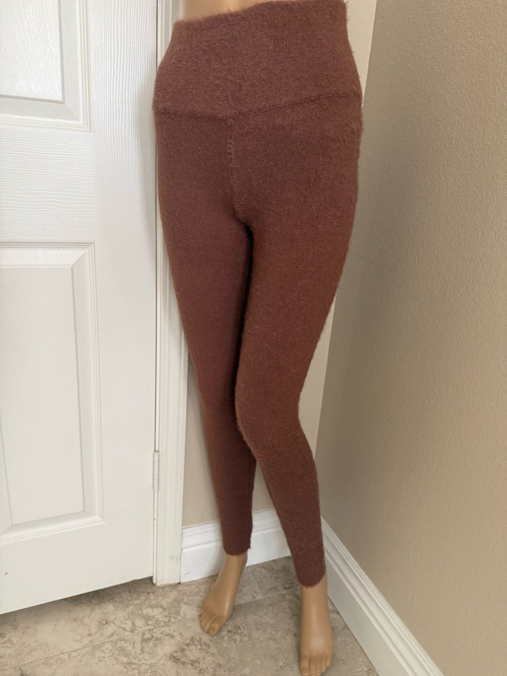 Cozy Brown Fuzzy Knit Kids Leggings faux cashmere